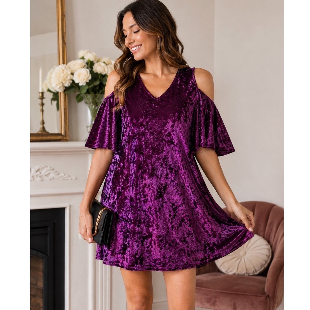 Nik and Nash Purple Crushed Velvet Cold Shoulder Bell Sleeve Mini Dress Small